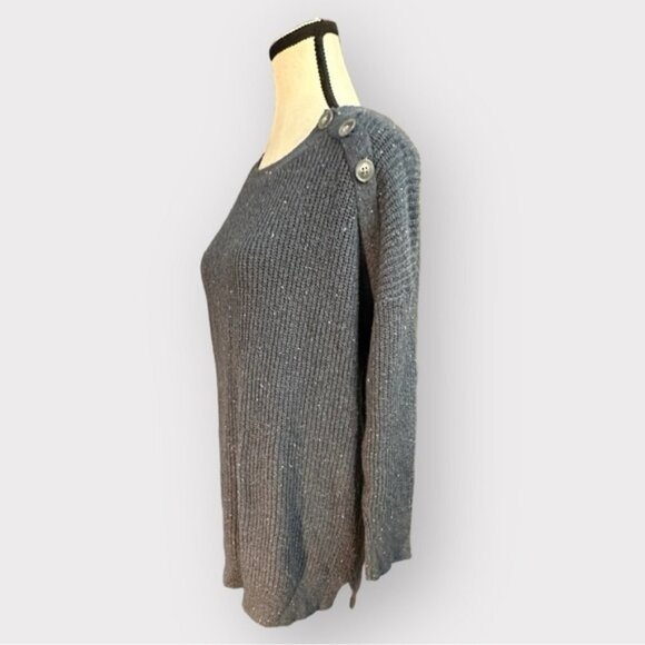 Womens Ann Taylor Loft L Blue Grey Half Turtleneck Shoulder Button Sweater Large - Picture 2 of 9